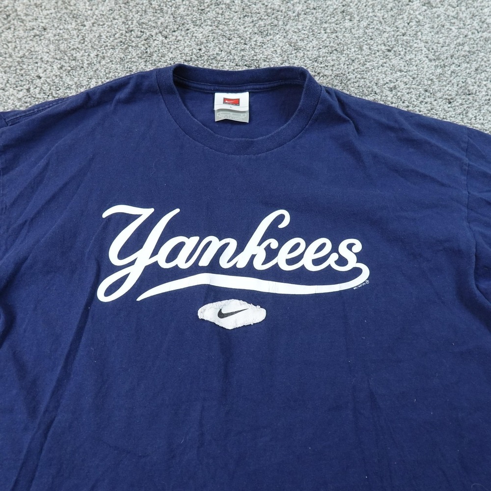 VTG New York Yankees Shirt Mens L Blue Nike‎ Center Swoosh MLB Baseball Tee 90s
